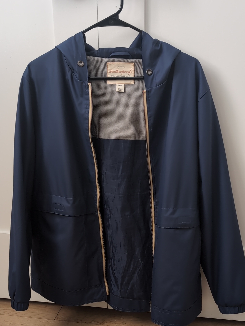 Navy Hooded Raincoat with Contrast Zip